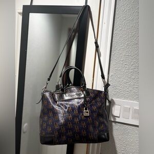 Dooney Bourke Monogram Pattern Navy and Brown Satchel Handbag
